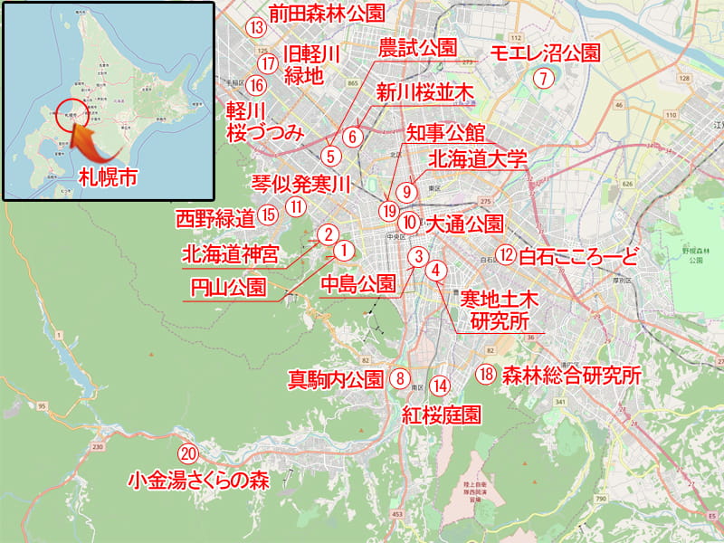 【札幌市】桜の名所20選 相関マップ